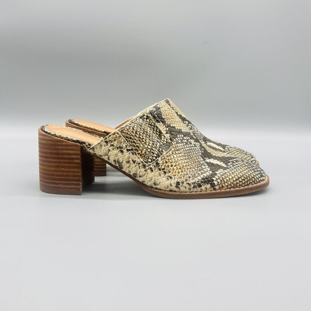 Madewell Shoes Women 6.5 Beige Black Leather Snake Print Mule Block Heel Slip On